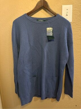 Lauren Ralph Lauren Cashmere Dusty Blue Ribbed Crewneck Sweater with Pockets